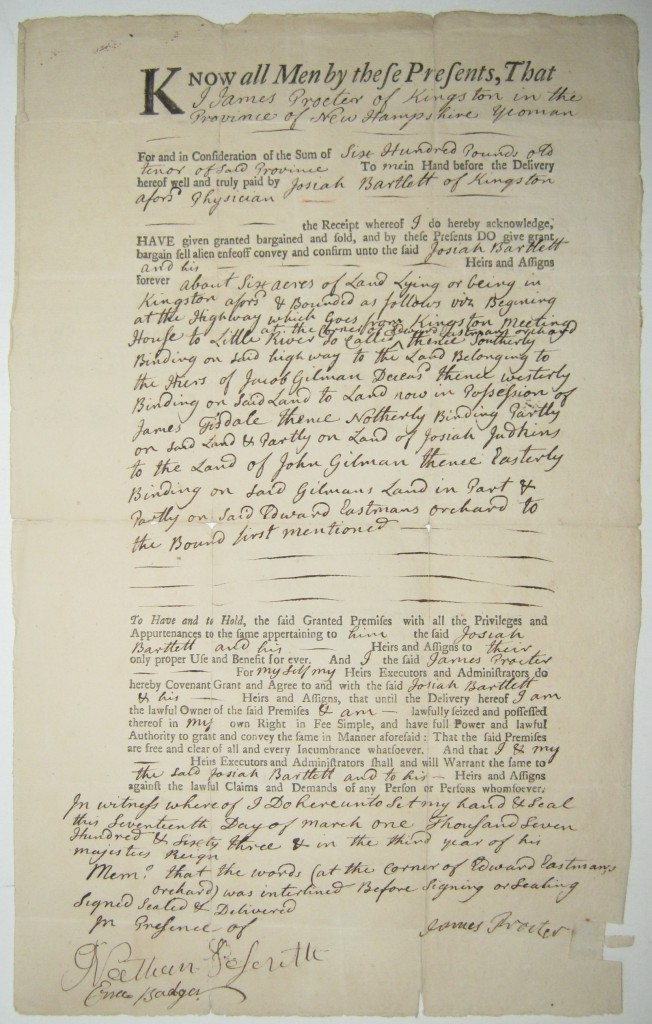 BARTLETT, JOSIAH. Partly-printed Document Signed, five times in third person within the text, land deed transferring six